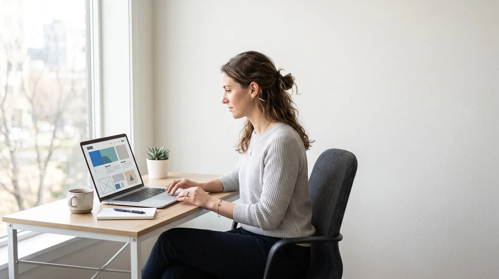 Professionista al lavoro alla scrivania mentre osserva la bozza grafica di un sito sullo schermo del laptop