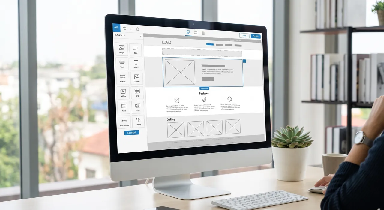 Interfaccia di un editor visuale drag-and-drop per comporre le sezioni di una pagina web